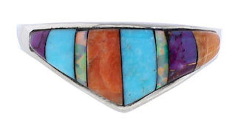 Southwest Sterling Silver Multicolor Inlay Ring Size 6-3/4 UX36482